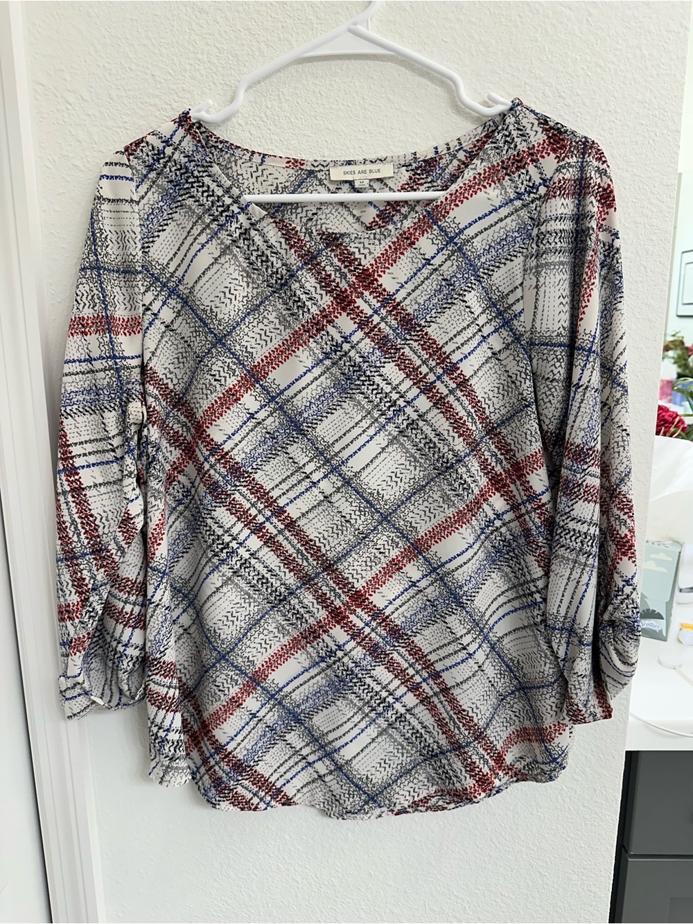 Skies Are Blue White Plaid Long Sleeve Top with Red & Blue Accents